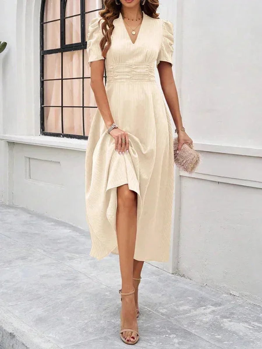 Isla | Women's V-Neck Puff Sleeve Midi Christmas Party Dress