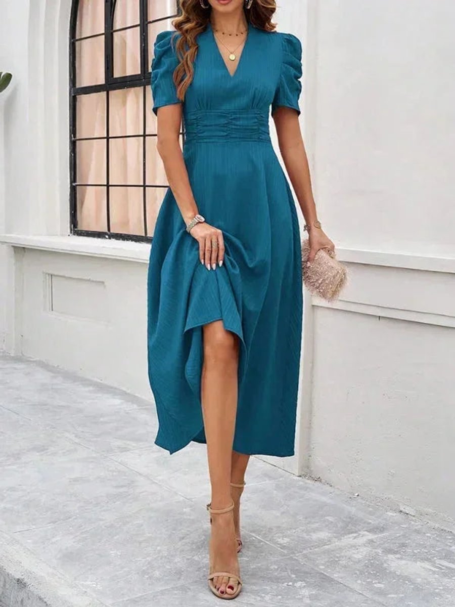 Isla | Women's V-Neck Puff Sleeve Midi Christmas Party Dress