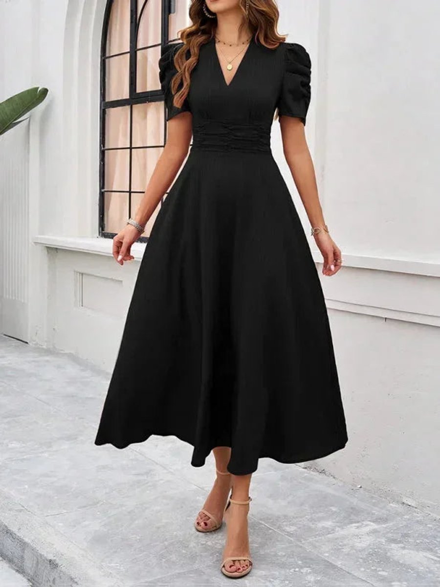 Isla | Women's V-Neck Puff Sleeve Midi Christmas Party Dress