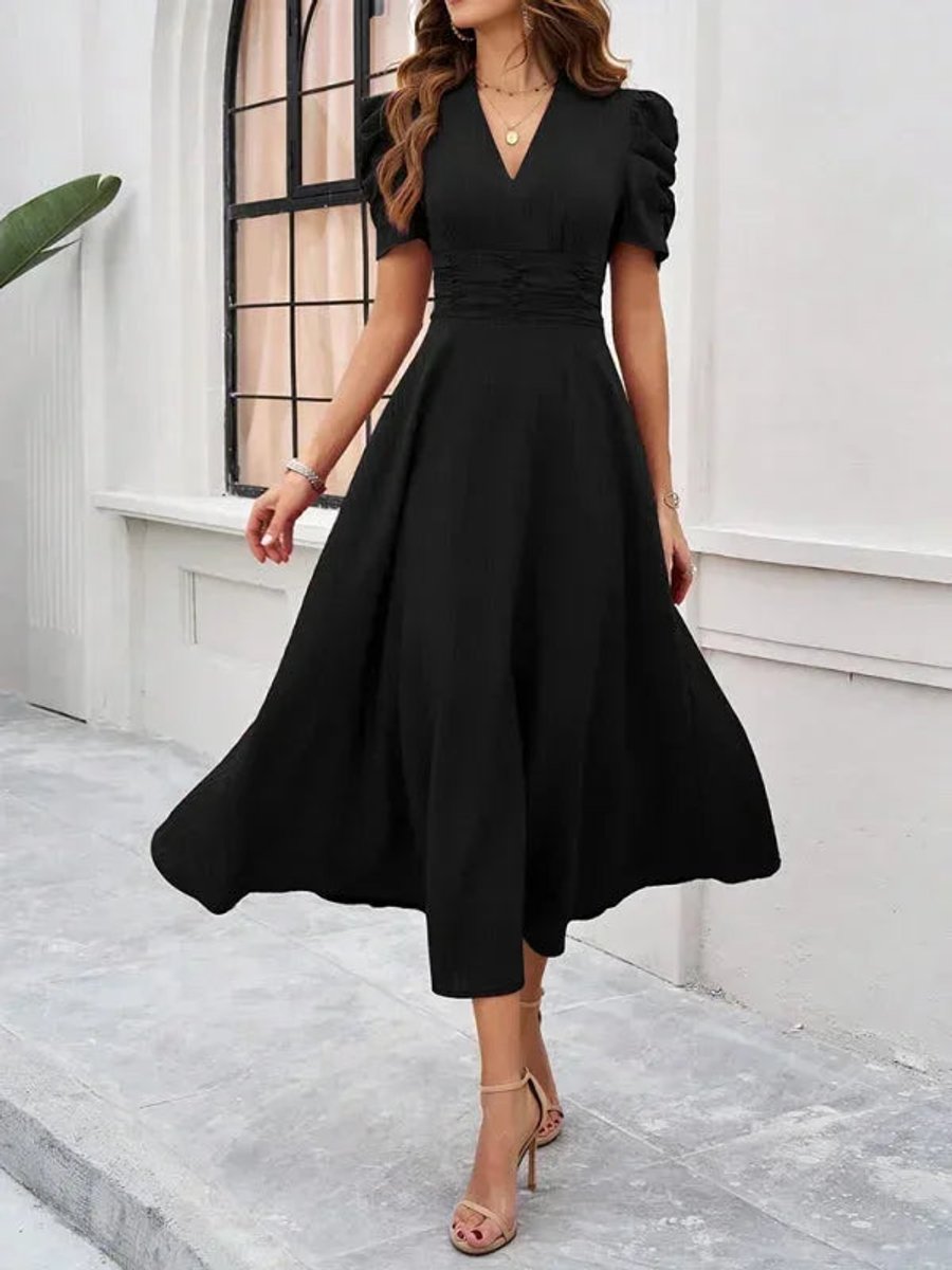 Isla | Women's V-Neck Puff Sleeve Midi Christmas Party Dress