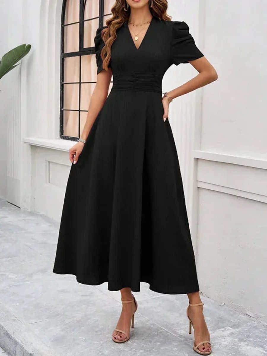 Isla | Women's V-Neck Puff Sleeve Midi Christmas Party Dress