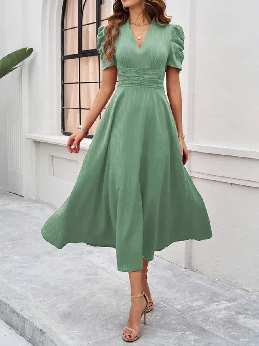 Isla | Women's V-Neck Puff Sleeve Midi Christmas Party Dress