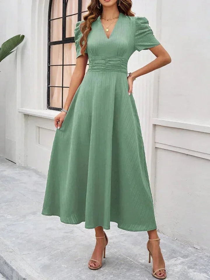 Isla | Women's V-Neck Puff Sleeve Midi Christmas Party Dress