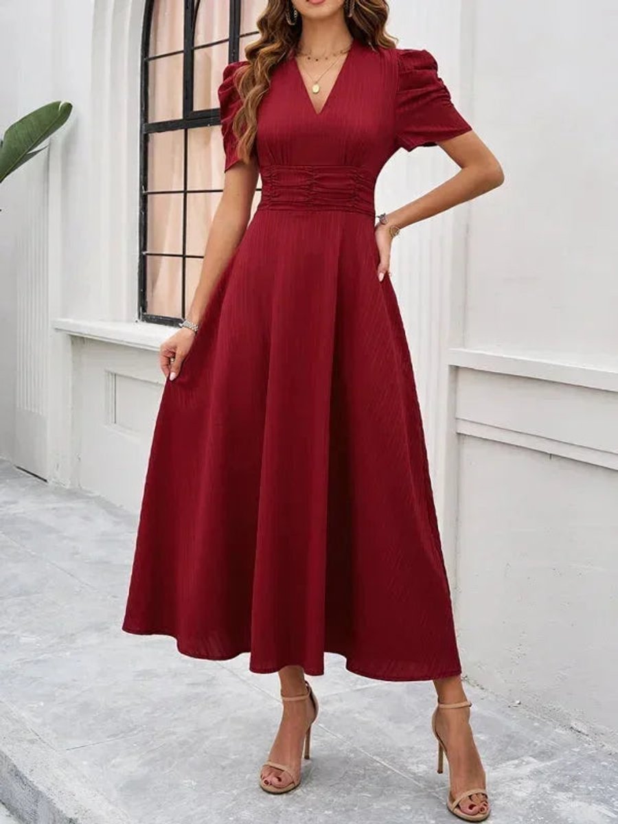 Isla | Women's V-Neck Puff Sleeve Midi Christmas Party Dress