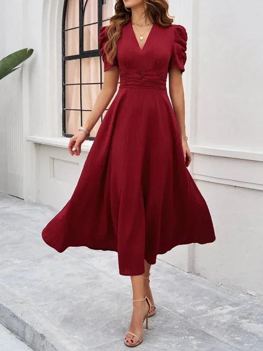 Isla | Women's V-Neck Puff Sleeve Midi Christmas Party Dress