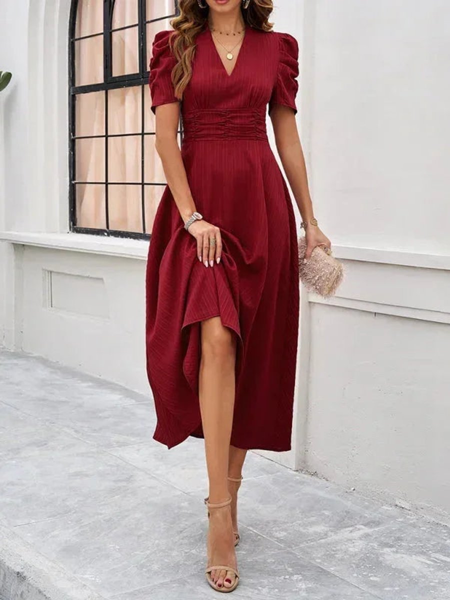 Isla | Women's V-Neck Puff Sleeve Midi Christmas Party Dress