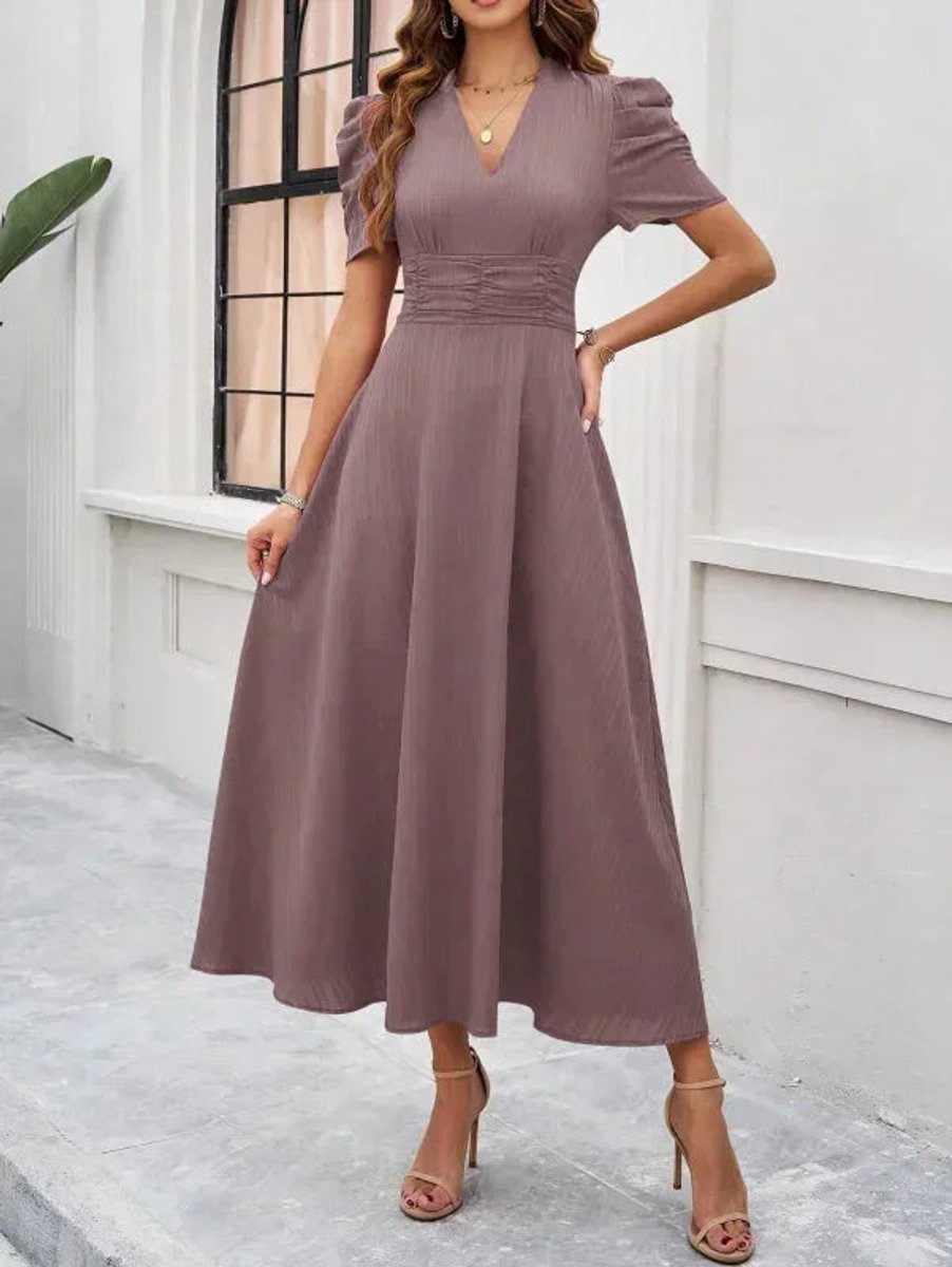 Isla | Women's V-Neck Puff Sleeve Midi Christmas Party Dress