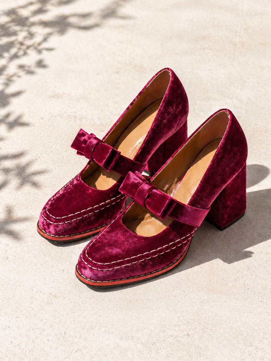 Rosie | Women's Velvet Bow-Strap Block-Heel Mary Jane Heeled Court Shoes