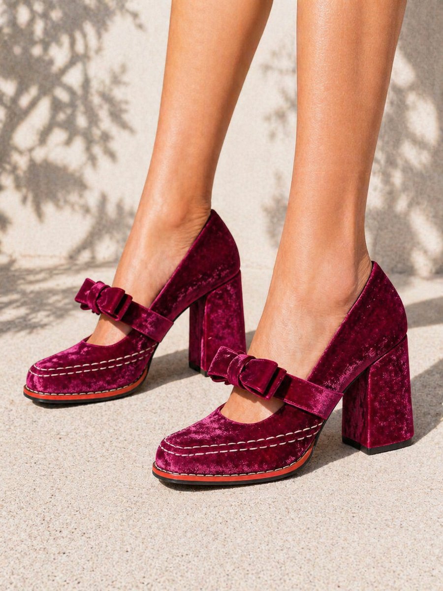 Rosie | Women's Velvet Bow-Strap Block-Heel Mary Jane Heeled Court Shoes