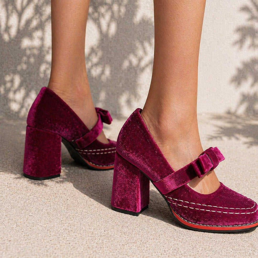 Rosie | Women's Velvet Bow-Strap Block-Heel Mary Jane Heeled Court Shoes