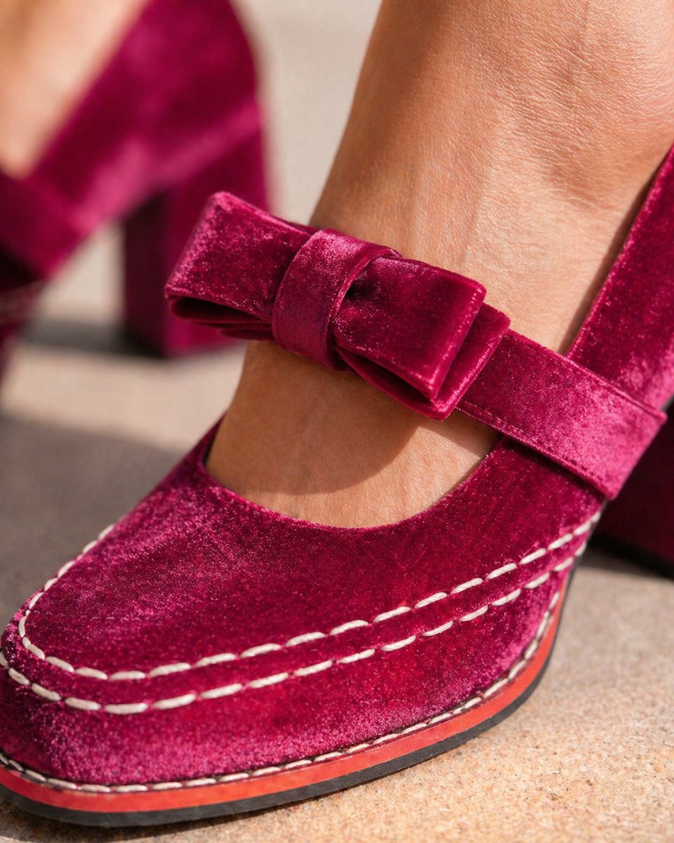 Rosie | Women's Velvet Bow-Strap Block-Heel Mary Jane Heeled Court Shoes