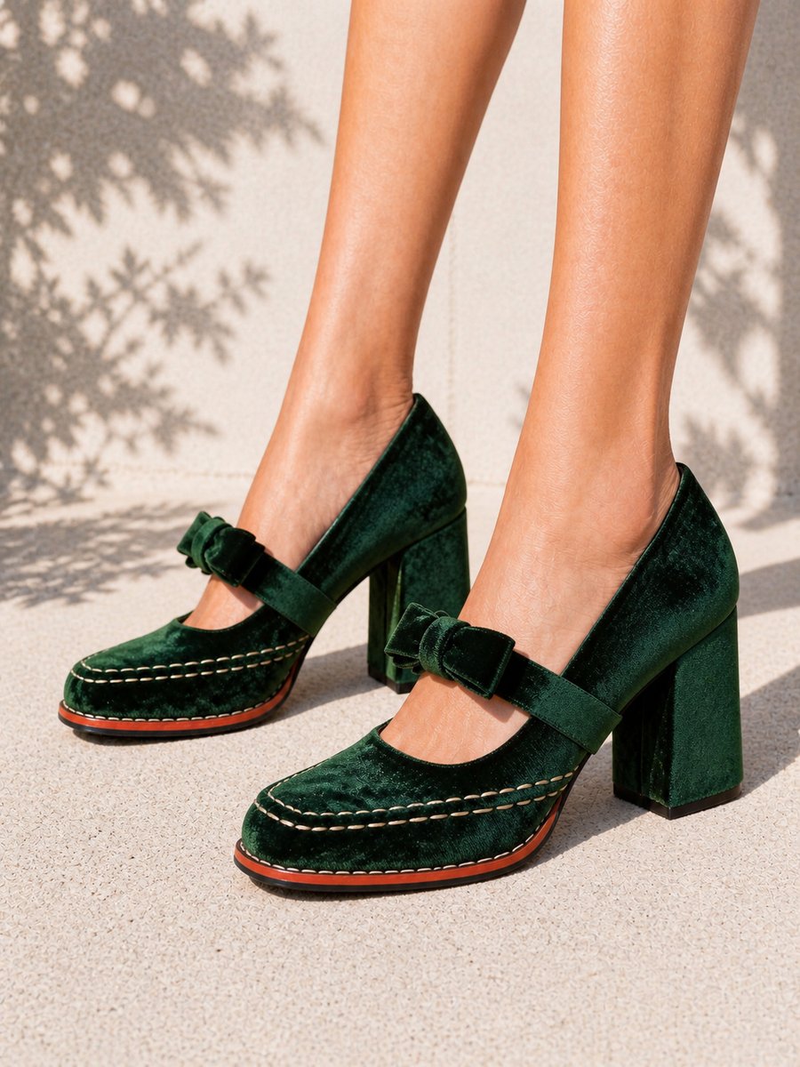 Rosie | Women's Velvet Bow-Strap Block-Heel Mary Jane Heeled Court Shoes