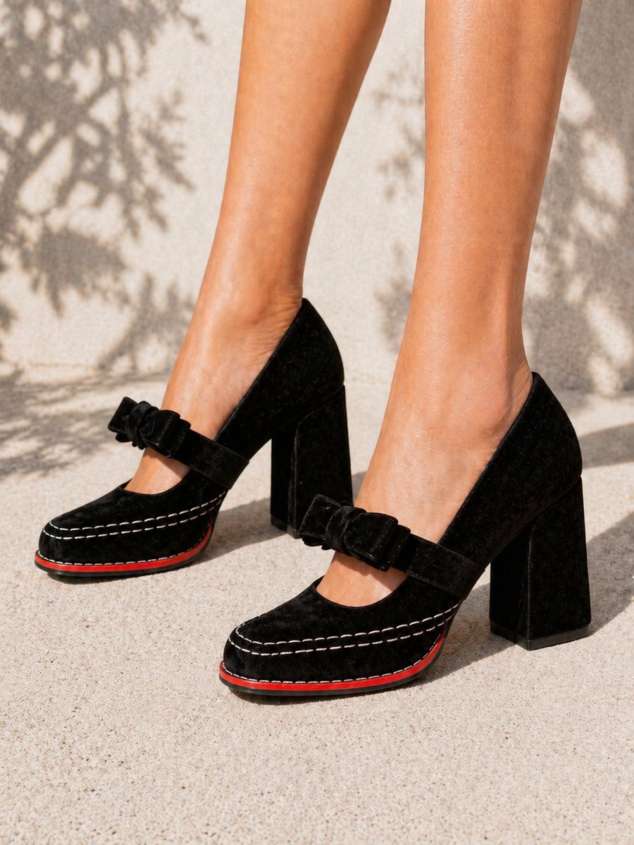 Rosie | Women's Velvet Bow-Strap Block-Heel Mary Jane Heeled Court Shoes
