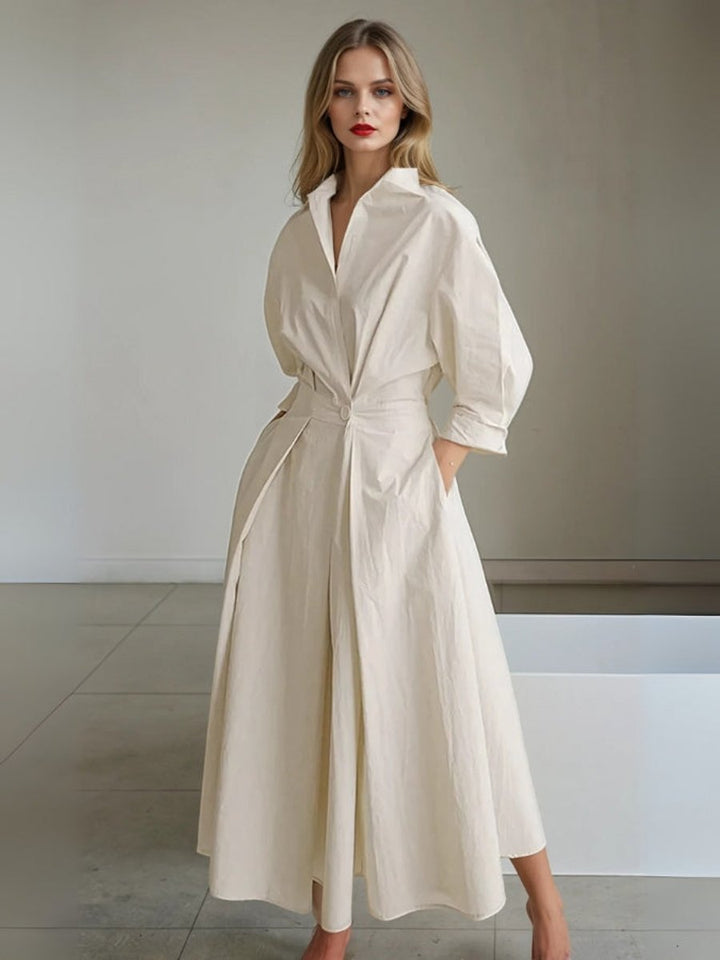 Sophie | Women's Pleated Midi Shirt Dress Fitted Waist Side Pockets