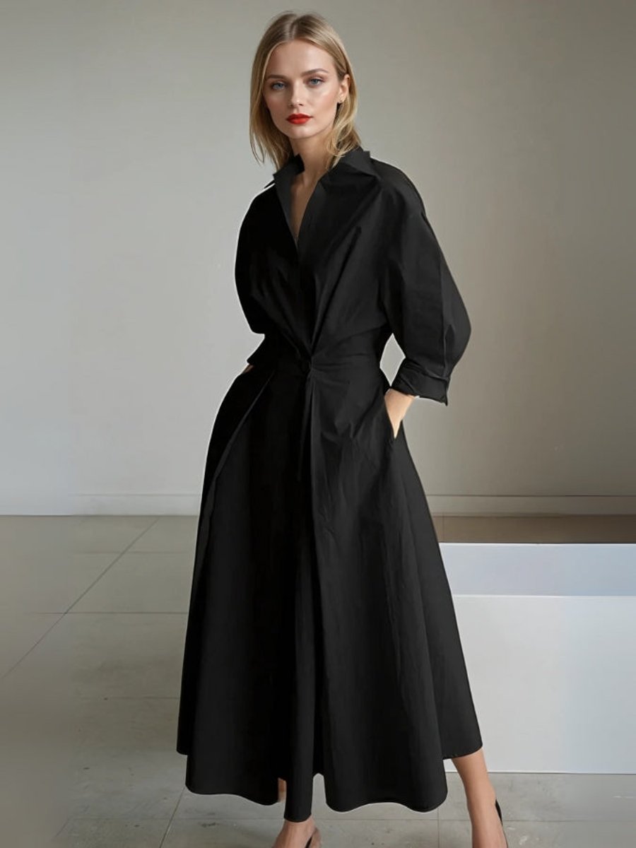 Sophie | Women's Pleated Midi Shirt Dress Fitted Waist Side Pockets