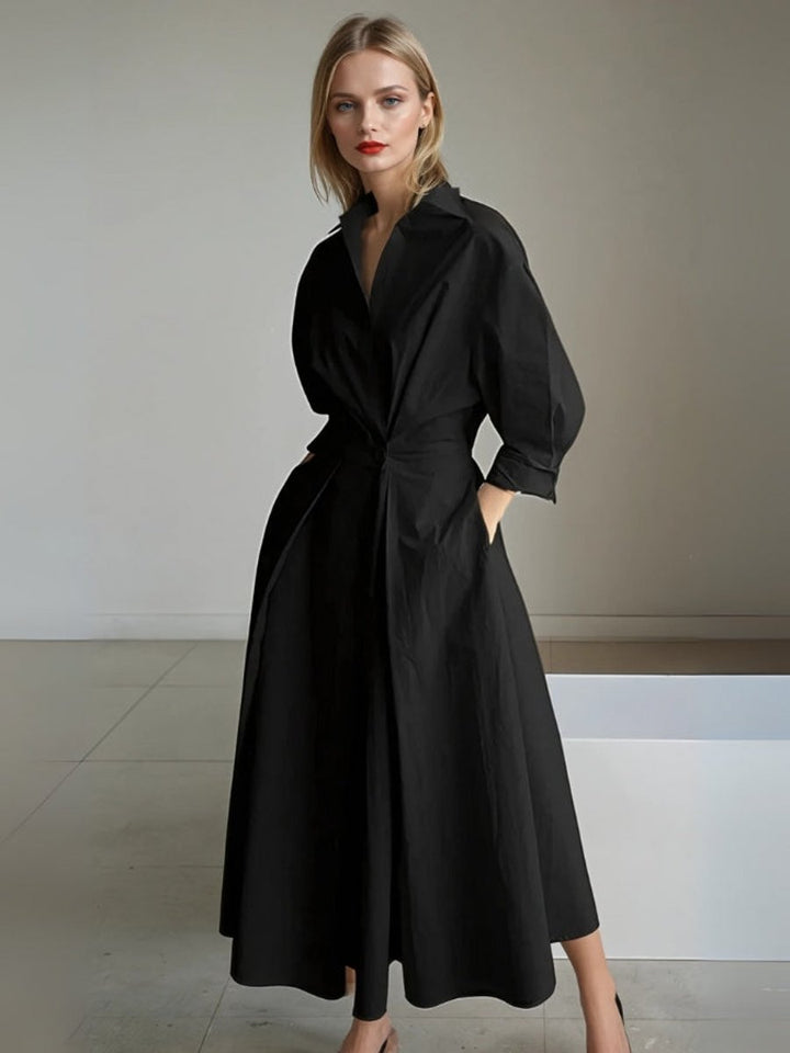 Sophie | Women's Pleated Midi Shirt Dress Fitted Waist Side Pockets