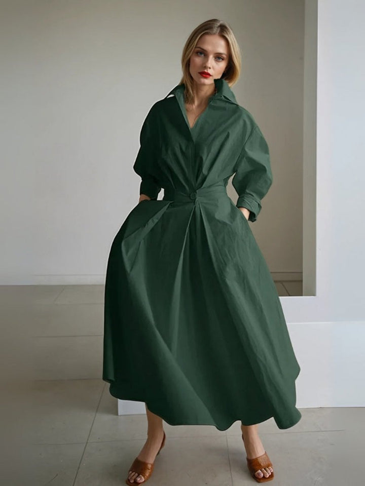 Sophie | Women's Pleated Midi Shirt Dress Fitted Waist Side Pockets