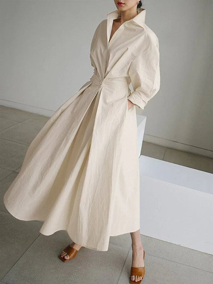 Sophie | Women's Pleated Midi Shirt Dress Fitted Waist Side Pockets