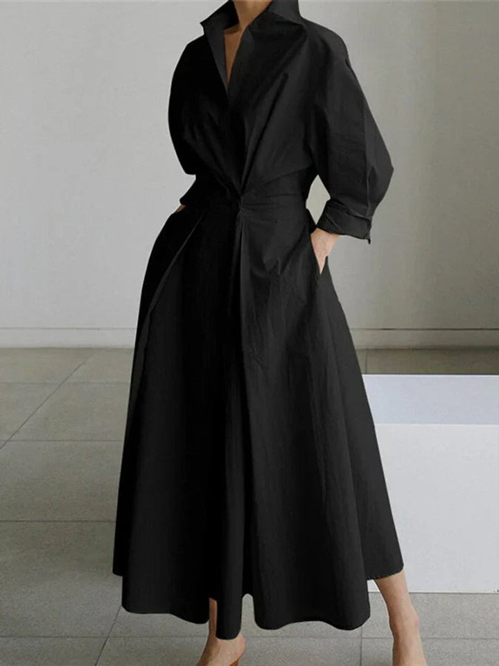 Sophie | Women's Pleated Midi Shirt Dress Fitted Waist Side Pockets