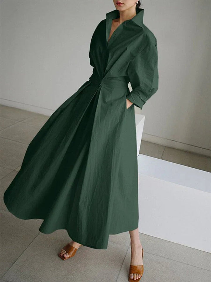 Sophie | Women's Pleated Midi Shirt Dress Fitted Waist Side Pockets