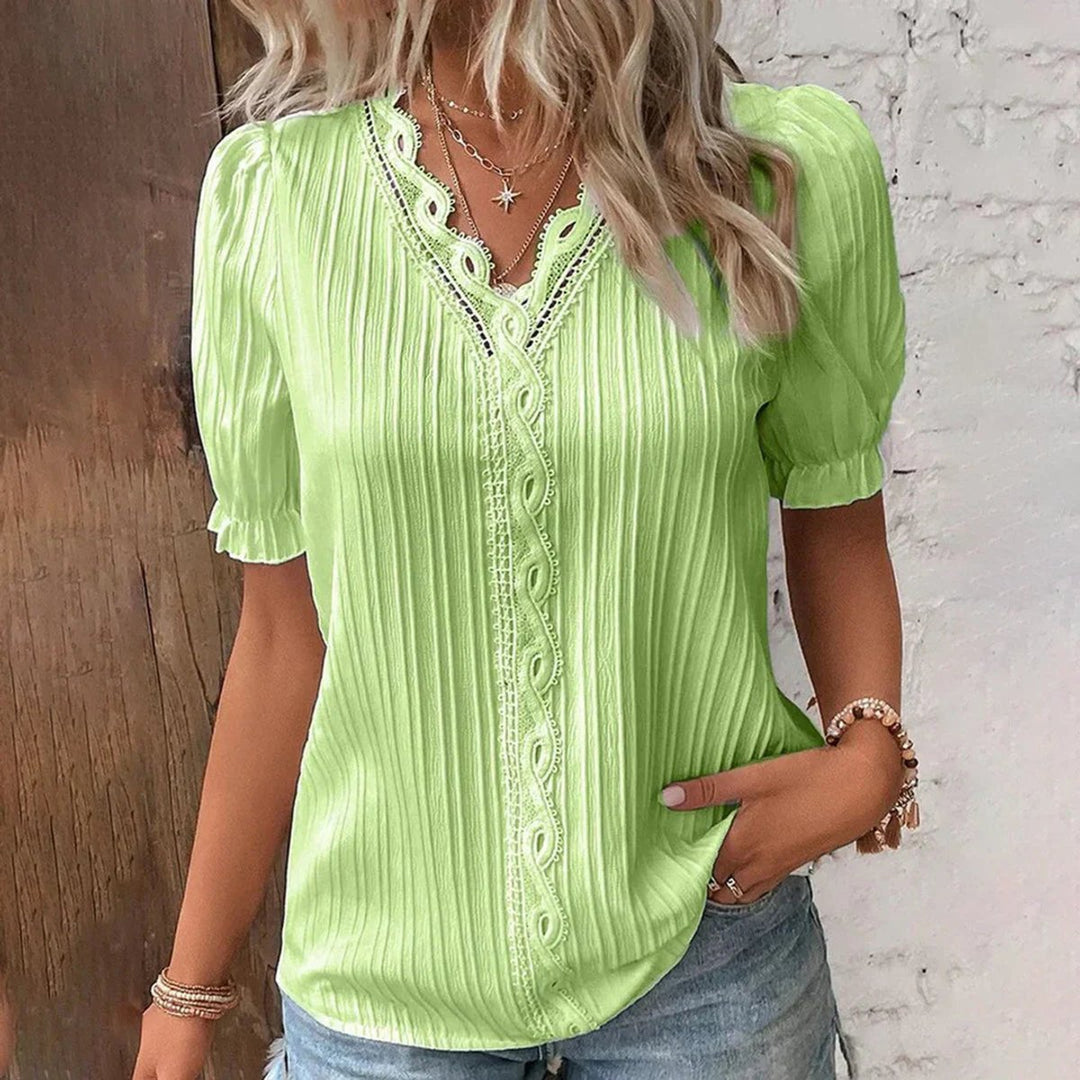 Ivy | Women's Vintage Lace-Trim V-Neck Puff Sleeve Pleated Blouse