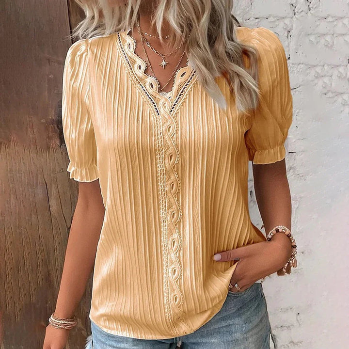 Ivy | Women's Vintage Lace-Trim V-Neck Puff Sleeve Pleated Blouse