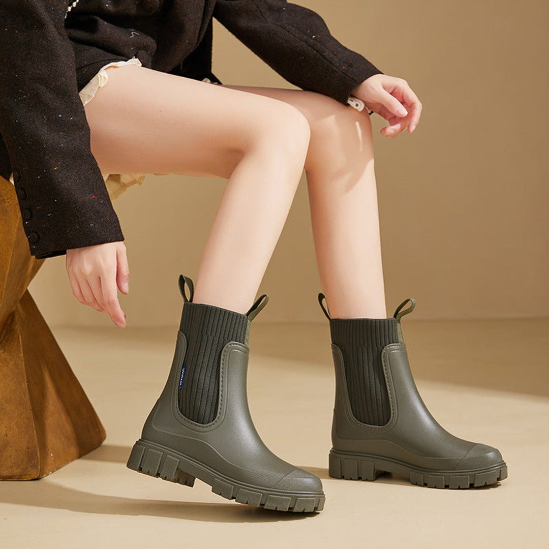 Sophie | Women's Waterproof Chelsea Boots Knit-Collar Rubber Wellingtons