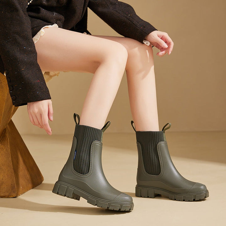 Sophie | Women's Waterproof Chelsea Boots Knit-Collar Rubber Wellingtons