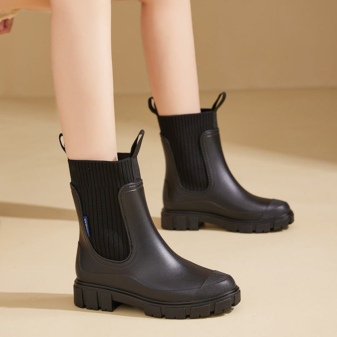 Sophie | Women's Waterproof Chelsea Boots Knit-Collar Rubber Wellingtons