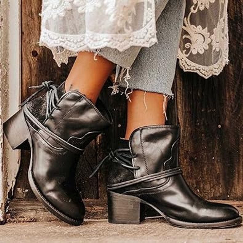 Ella | Women's Western Block-Heel Ankle Boots Wrap Lace-Up Stacked Heel