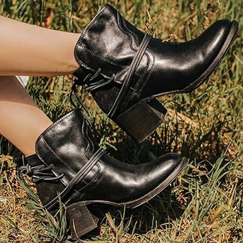 Ella | Women's Western Block-Heel Ankle Boots Wrap Lace-Up Stacked Heel