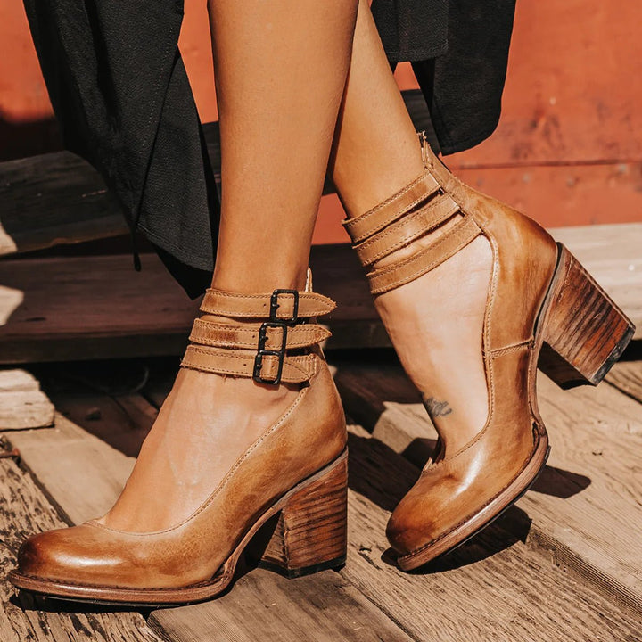 Scarlett | Women's Western Leather Block-Heel Ankle Boots Double Buckle Strap