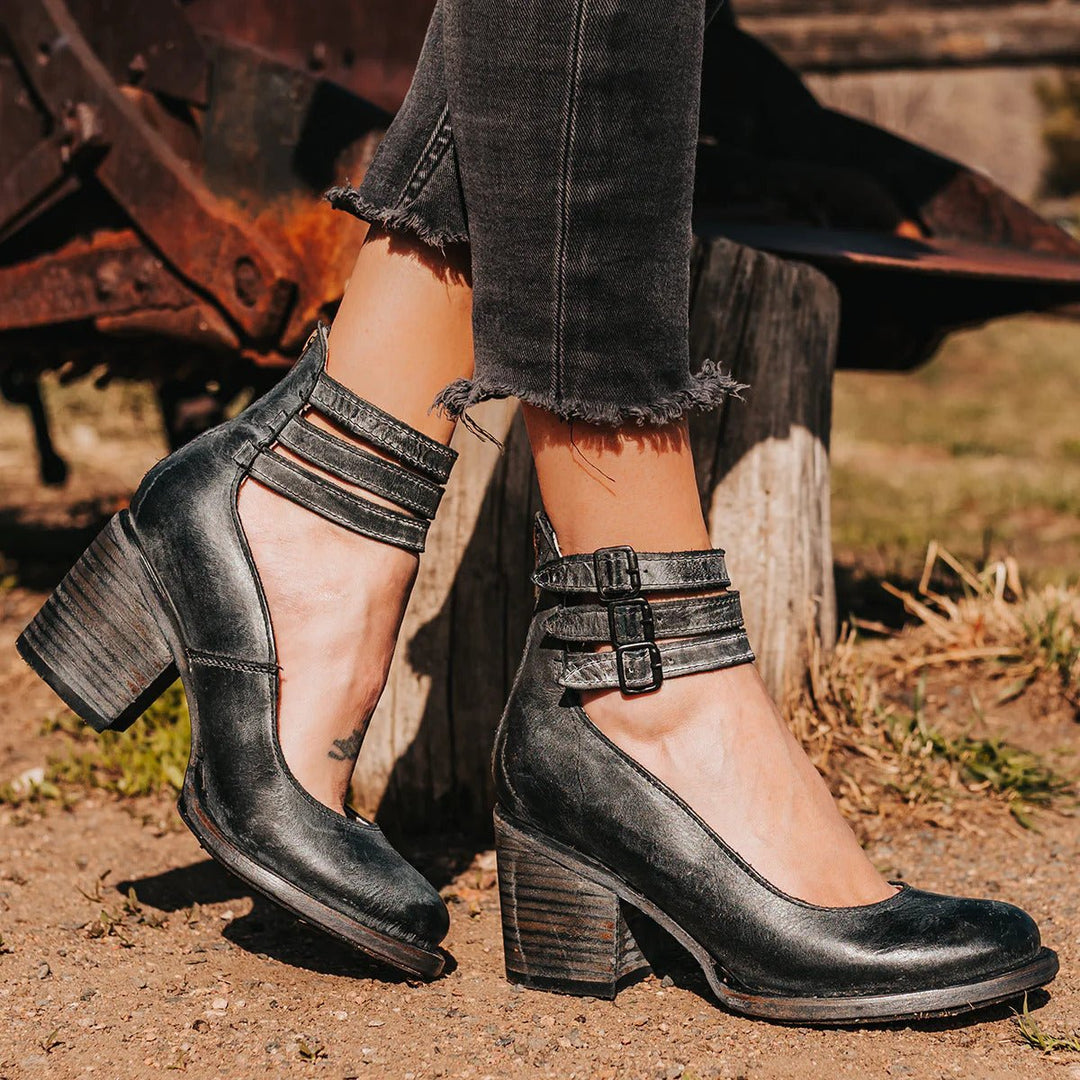 Scarlett | Women's Western Leather Block-Heel Ankle Boots Double Buckle Strap