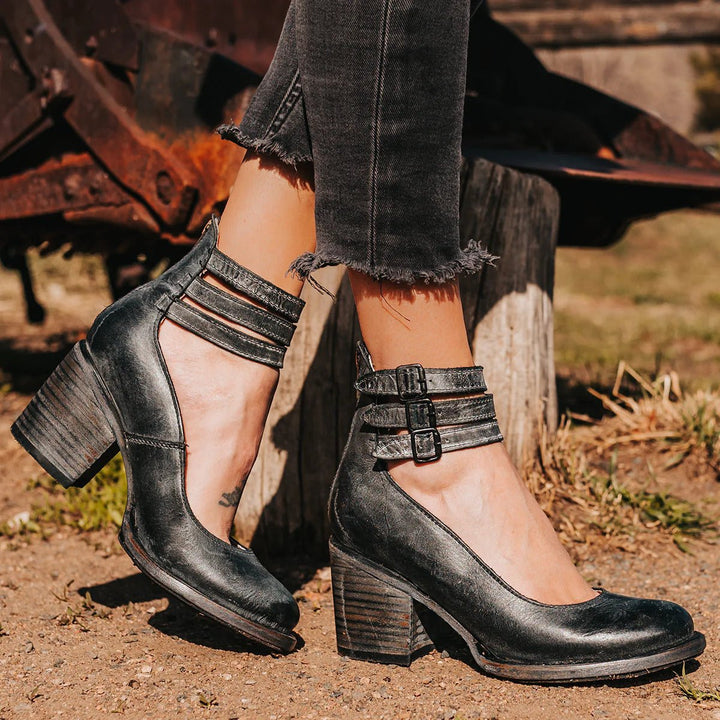 Scarlett | Women's Western Leather Block-Heel Ankle Boots Double Buckle Strap
