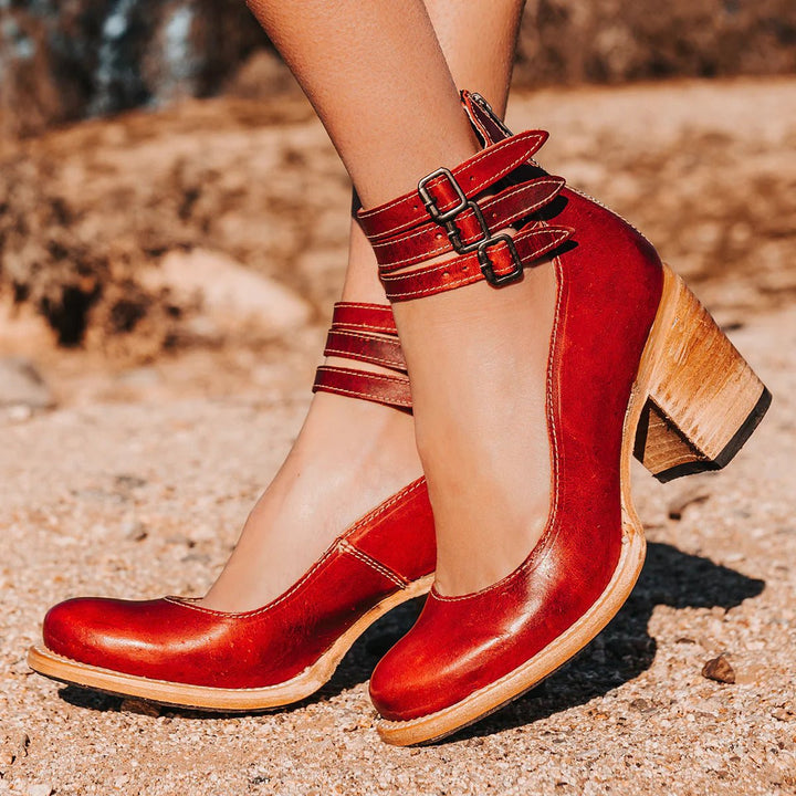Scarlett | Women's Western Leather Block-Heel Ankle Boots Double Buckle Strap