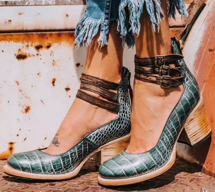 Scarlett | Women's Western Leather Block-Heel Ankle Boots Double Buckle Strap