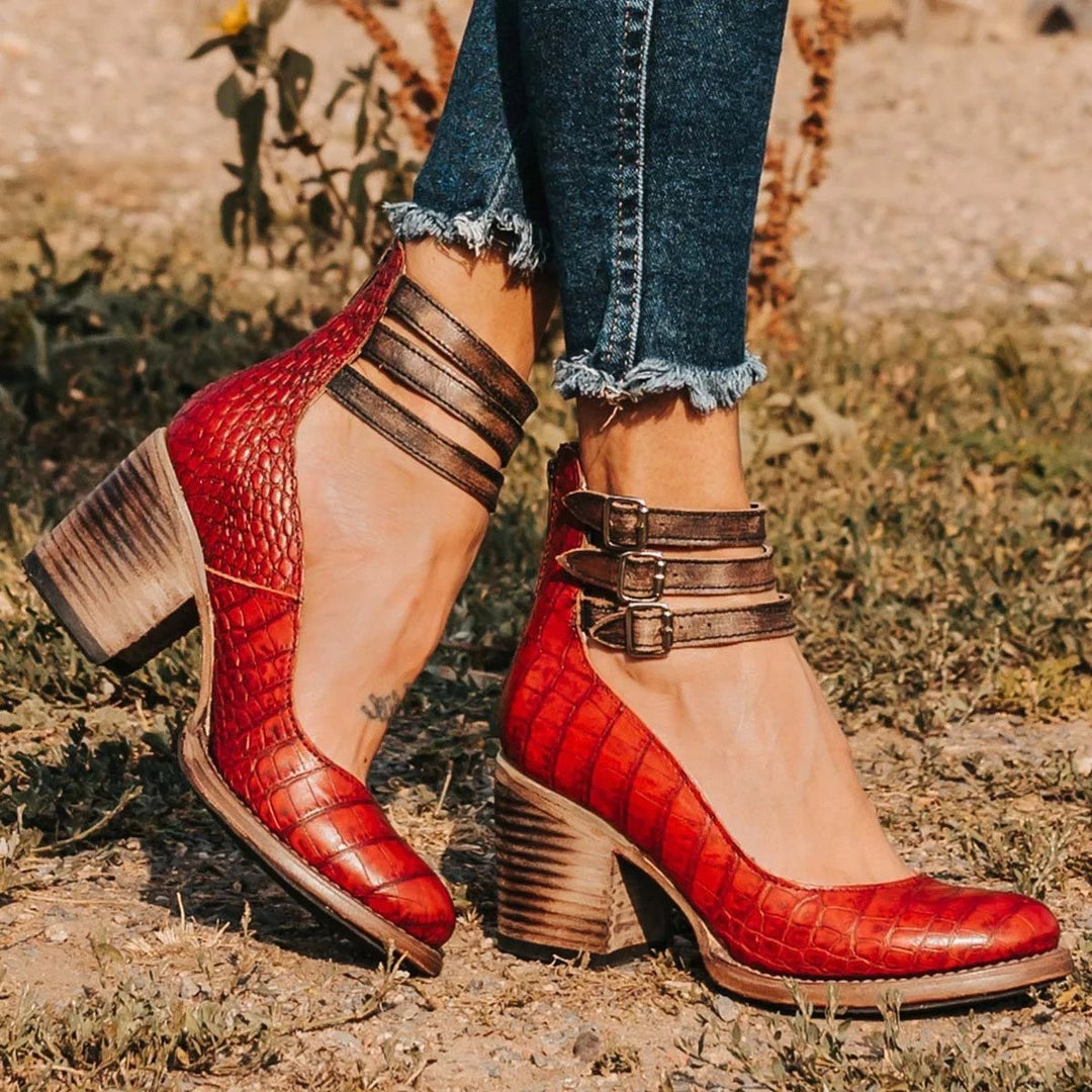 Scarlett | Women's Western Leather Block-Heel Ankle Boots Double Buckle Strap