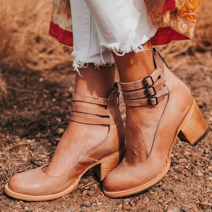 Scarlett | Women's Western Leather Block-Heel Ankle Boots Double Buckle Strap