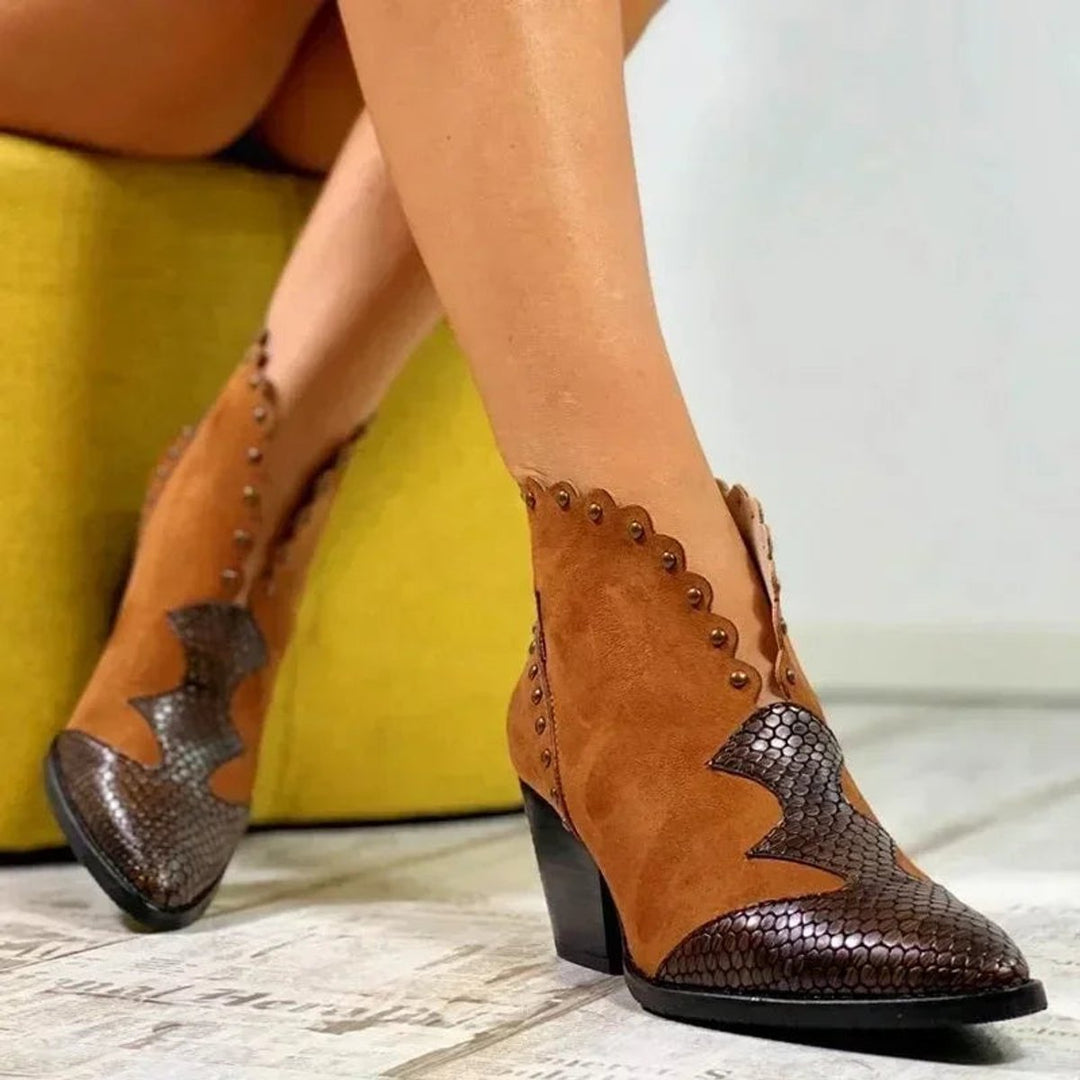 Evelyn | Women's Western Pointed-Toe Block-Heel Ankle Boots Studded Suede