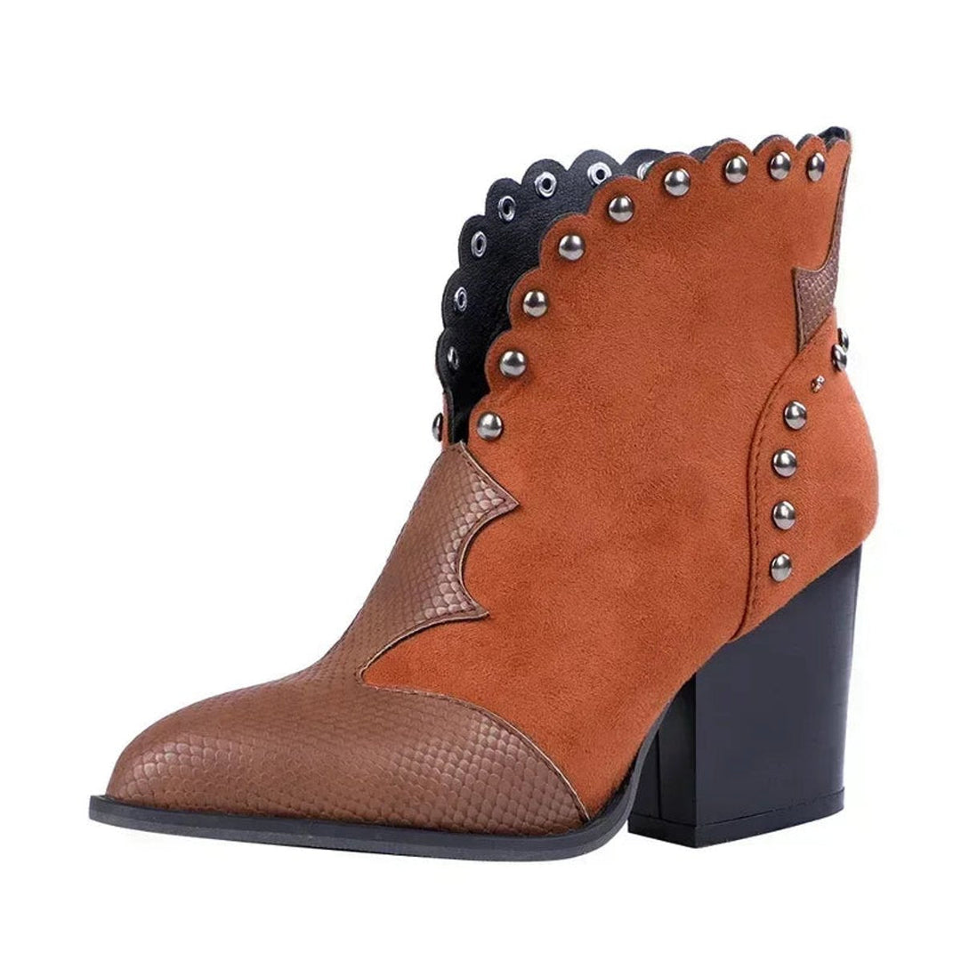 Evelyn | Women's Western Pointed-Toe Block-Heel Ankle Boots Studded Suede