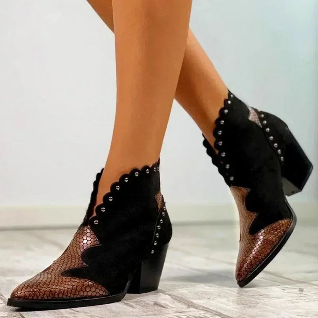 Evelyn | Women's Western Pointed-Toe Block-Heel Ankle Boots Studded Suede