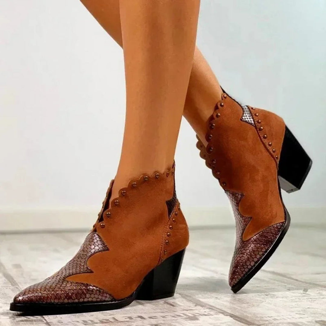 Evelyn | Women's Western Pointed-Toe Block-Heel Ankle Boots Studded Suede