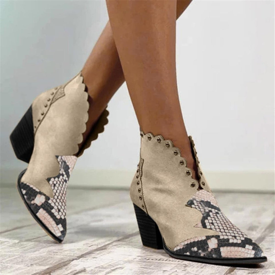 Evelyn | Women's Western Pointed-Toe Block-Heel Ankle Boots Studded Suede