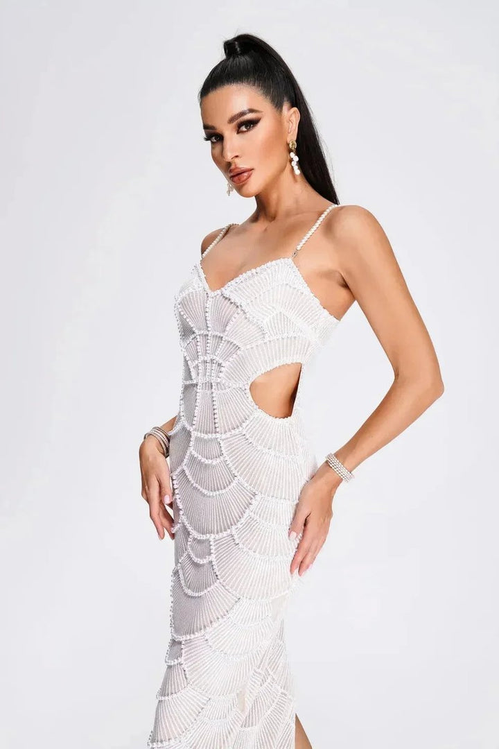 Scarlett | Women's White Beaded Scallop Knitted Midi Party Dress Cut-Out