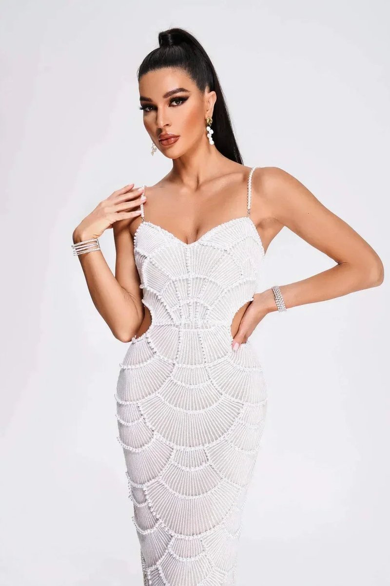 Scarlett | Women's White Beaded Scallop Knitted Midi Party Dress Cut-Out