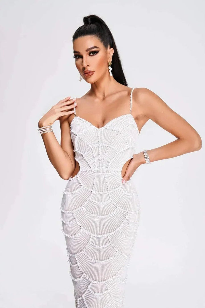 Scarlett | Women's White Beaded Scallop Knitted Midi Party Dress Cut-Out