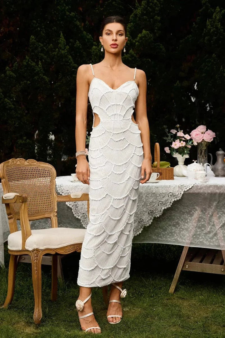 Scarlett | Women's White Beaded Scallop Knitted Midi Party Dress Cut-Out