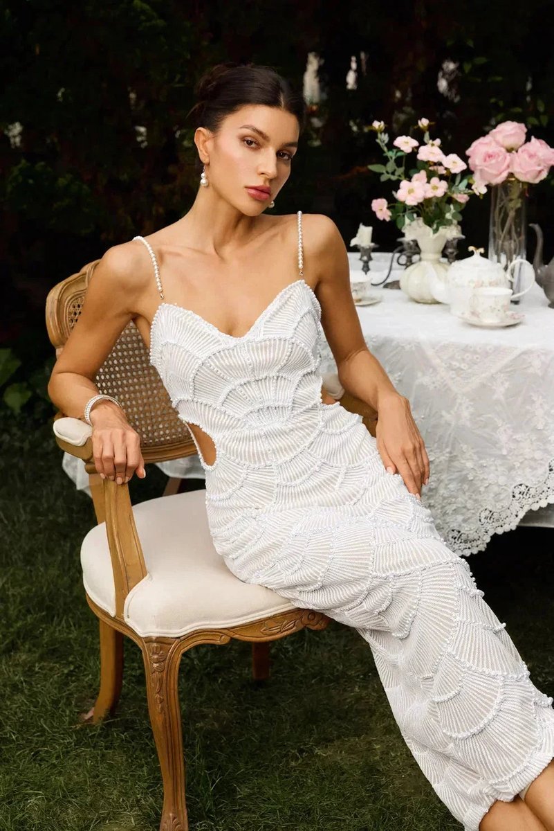 Scarlett | Women's White Beaded Scallop Knitted Midi Party Dress Cut-Out