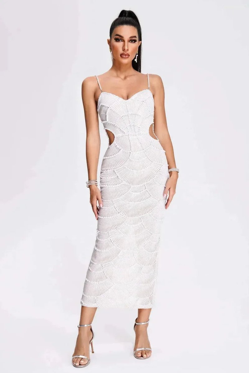 Scarlett | Women's White Beaded Scallop Knitted Midi Party Dress Cut-Out