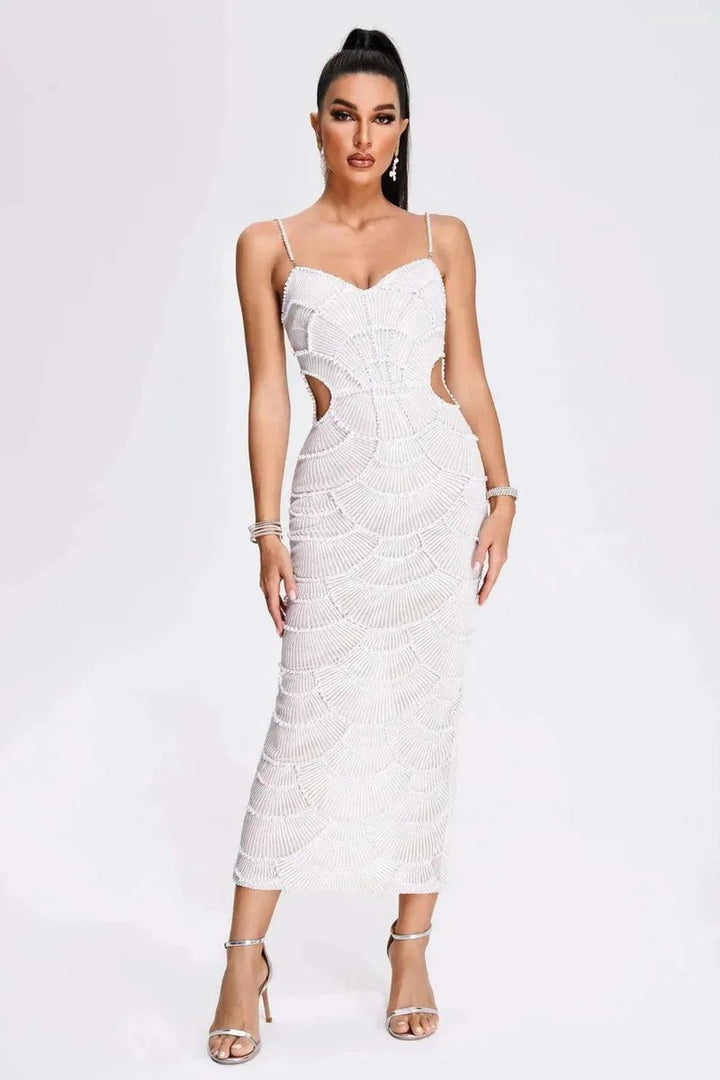 Scarlett | Women's White Beaded Scallop Knitted Midi Party Dress Cut-Out